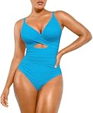 SHAPELLX Womens Tummy Control Swimsuits One Piece Shapewear Swimsuits Bathing Suit V Neck Built-in Bra(Blue,Medium)
