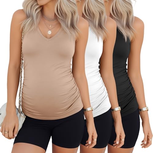 JoyMotion 3 Pack Maternity Tank Tops for Women Summer Pregnancy Shirts Pregnant V Neck Sleeveless Ruch Side Casual Clothes(Medium,Khaki, White, Black)