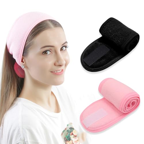 EODKSE Lot de 2 Bandeaux Maquillage Cheveux Lavables en Microfibre pour Femme avec Ruban Magique pour Bain, Sport et Maquillage - Rose et Noir,