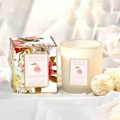 Maeva Zodiac Frosted Glass Scented Candle, Sweet Vanilla Almond Fragrance, Perfect for Gifting, Home Decor, Low Smoke, 36 Hours Burn Time, Capricorn, 200g
