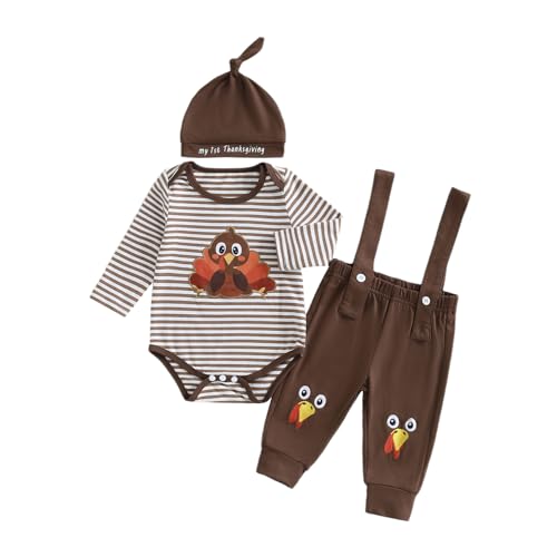 Thanksgiving Baby Boy Outfit Fall Winter Clothes Turkey Long Sleeve Romper Pants Set Cute My First Baby Boy Thanksgiving Outfit(G-Coffee 0-3 Months)