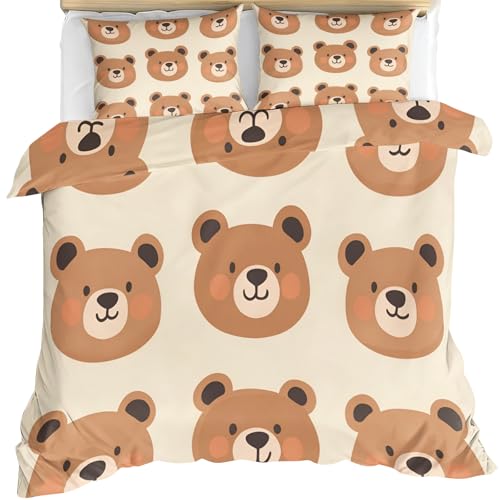 QINYUN Cute Bear Comforter Set Cal King, Cartoon Bear Bedding Set 3 Piece, Khaki Kids Duvet Cover with Zipper & Ties, 2 Pillowcases
