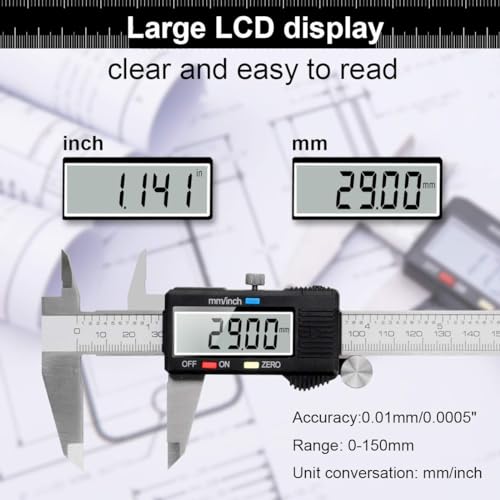 Image of 6 Inch /150 mm Digital Vernier Caliper,Micrometer,Gauge,Vernier Caliper with Large LCD Display Stainless Steel Measuring Tool,Anti-Rust Splashproof Design, mm /inch Conversion