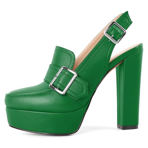 Image of Women's High Heel Loafers Platform Pumps Round Toe Heels Chunky Heel Pumps Stylish Comfortable 4.8 Inch Slingback Heels