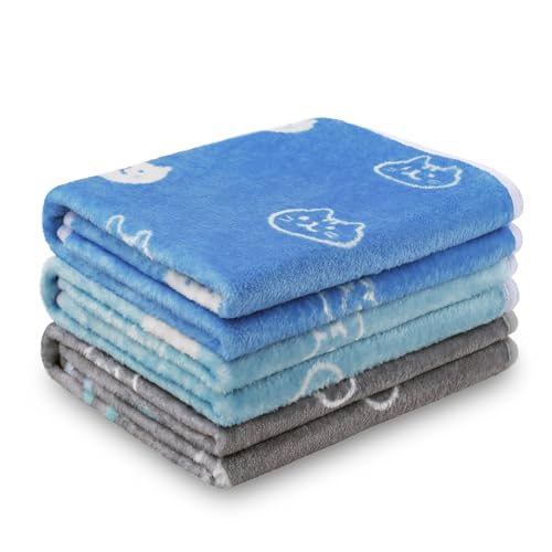 1 Pack 3 Blankets Super Soft Fluffy Premium Cute Cat Pattern Pet Blanket Flannel Throw for Dog Puppy Kitten Blue/Cyan/Grey Small(23x16 inch)