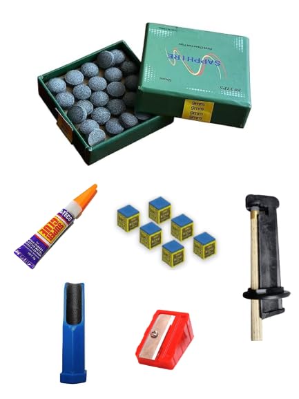 KBA Billiard Pool & Snooker Advance Kit Accessories with Sapphire Tip Box (9mm), One Glue, One Tip Modification Set & Chalk- (6pcs)