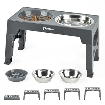 Petace Ciotole per Cani Rialzate con 5 Altezze Regolabile, 2 X 1200ml Ciotola in Acciaio e 1x 800ml Ciotola Anti Ingozzamento per Cani Piccolo, Medio e Grande, Grigio