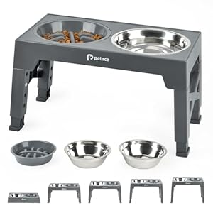 Petace Elevated Dog Bowls for Large Dogs, Raised Dog Bowl Stand with Slow Feeder Bowl & 2 Stainless Steel Dog Food Bowls, 5 Heights Adjustable for Small Medium Large Dogs and Pets