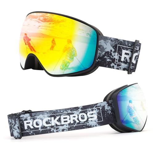 ROCKBROS Skibrille Snowboard Brille für Brillenträger UV-Schutz Goggle Helmkompatible Anti-Fog Brille Sportbrille für Skifahren Erwachsener Kind Windschutz Schwarz Kind