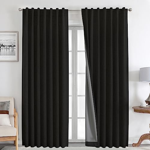 Joydeco 100% Blackout Curtains 96 inches Long White Linen Curtains 2 Panels Set Burg for Bedroom Living Room Black Out Darkening Thermal Insulated Back tab Rod Pocket(52x 96 inch,Black)