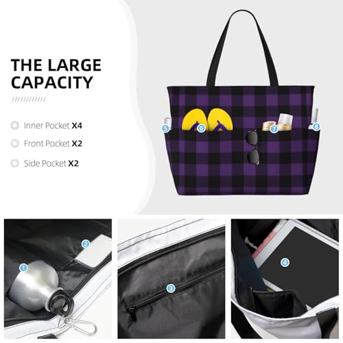 Purple Black Plaid Large Beach Bag Waterproof Sandproof Swim Tote Pool Bag For Women With Zipper2