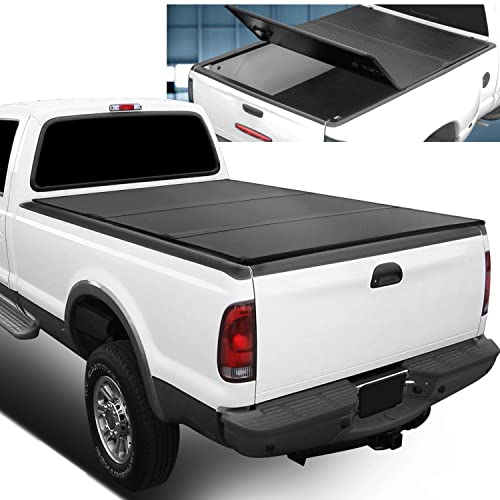 FRP Hard Solid Tri-Fold Adjustable Truck Tonneau Cover Compatible with Ford F250 F350 F450 Super Duty Dually 6.5Ft Fleetside Beds 99-16, Black Powdercoated