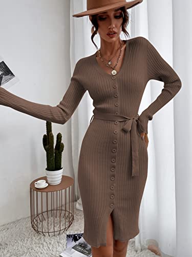 Makemechic Women's Bodycon Long Sleeve V Neck Button Down Belted Ribbed Sweater Dress Mocha Brown Xs #TOP3
