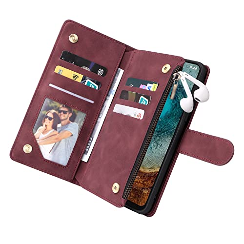 Lbyzcase For Nokia X100 Case With Card Holder,Durable Luxury Magnetic Folio Flip Leather Zipper Pocket Wrist Strap Kickstand Women Men Phone Case Cover For Nokia X100 (Wine Red) #TOP3