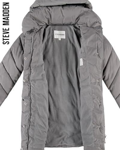 Close-up of the windproof fabric texture and detailed stitching on a long winter coat.