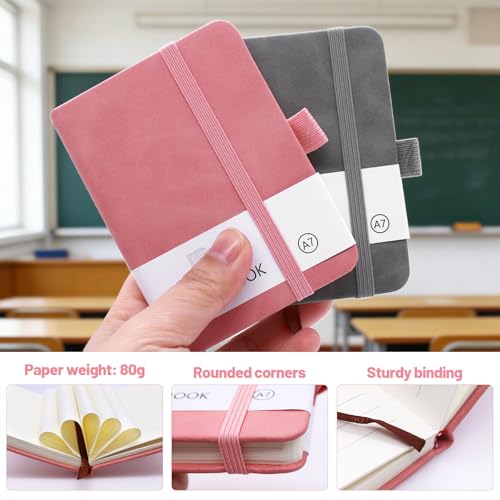 Aimeke 2 Stück A7 Notizbuch Notizblock Kleines Notizbuch mit Gummizugverschluss, Stifthalter Mini Taschen Journal mit 200 Seiten für Schule, Arbeit (Rosa + Grau)