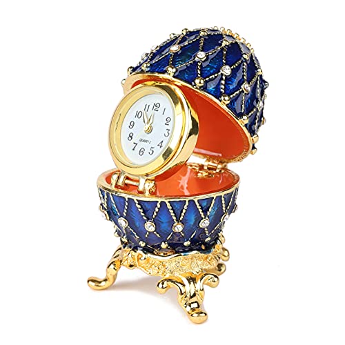 QIFU Blue Mini Faberge Egg Jeweled Trinket Box with Hinged and Clock Unique Gift for Home Decor