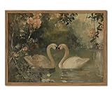 Framed Vintage Swan wall art, Rustic Romantic White Swan Pictures Wall Decor, Cottagecore Farmhouse Animal Paintings Canvas Prints Aesthetic Home Decor for Living Room Bedroom Bathroom 8x10 inch