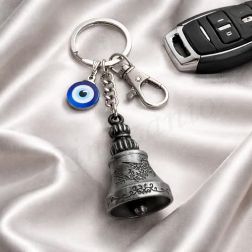 Image of Guardian Bell Keychain For Bike & Car | Tibetan Bells Texture Keyring For Bike | Copper Silver Combo Bells | Evil Eye Good Luck Charm Bell Keychains | Nazar & Protection Charm | KeyRing for Riders