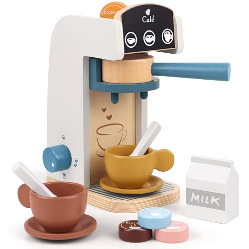 PairPear Wooden “Drop-Pod” Coffee Maker Toy， 13 Pieces Espresso Machine Playset, Barista & Cappuccino Pretend Play Kitchen Accessories Gift for Girls and Boys Age 3+