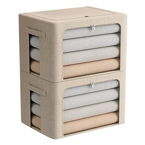 FHSQX 2 Pack Clothes Storage Bins Stackable Metal Frame Storage Box Foldable Linen Fabric Box Organizer with Carrying Handles and Clear Window (Beige, 15.7x 11.8x 11.7 Inch)
