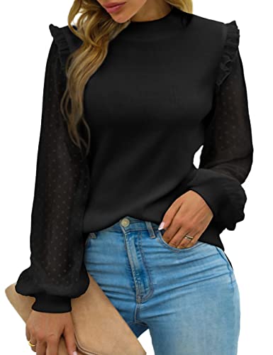 Blooming Jelly Womens Mock Neck Dressy Sweaters Sheer Long Sleeve Pullover Shirt Business Casual Knit Fall Tops（M,Black） #TOP14