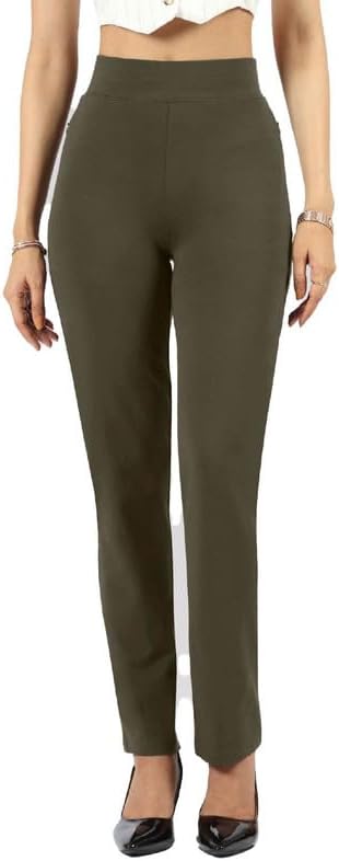 BlissClub AM PM Cotton Straight Pants for Women, Formal Trouser for Women Office Wear with High Waist, Wide Waistband and 2 Pockets,Regular Variant Below 5'4