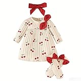 Yoolhamy conjunto 3 piezas para niña 1 a 12 meses con vestido manga larga diadema lazo y calcetines ropa infantil estampados bonitos (Cereza, 3-6 Meses)