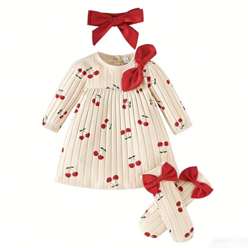 Image of Yoolhamy 3Pcs Baby Girl Dress Infant Long Sleeve Outfit with Bow Headband+Socks Infant Cute Print Clothes for 1-12 Months (Cherry, 1-3 Months)