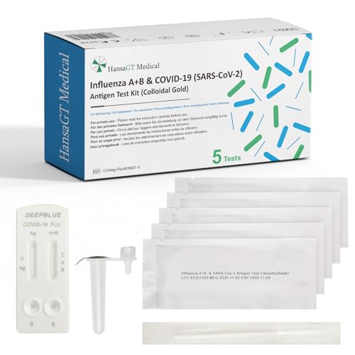 HansaGT Medical Corona Schnelltest und Grippe Test für Zuhause Covid 19 & Influenza A/B Combo Rapid Test Cassette, Antigen Selbsttest für zu Hause 5 Stück（1er Pack）+E-Book (über Gesundheit)