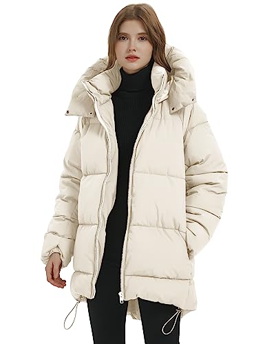 PEHMEA Women Puffer Hooded Jacket Mid-Length Winter Padded Warm Coat Thicken Outerwear Coats(Beige-XL) PEHMEA Women Puffer Hooded Jacket Mid-Length Winter Padded Warm Coat Thicken Outerwear Coats(Beige-XL)