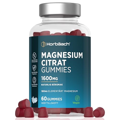 Magnesium Gummies 1600mg | 60 Veganska Gummies med Jordgubbssmak | Magnesium Citrat och Vitamin C | Kosttillskott Hög Dos | Magnesium Citrate Supplement | av Horbaach