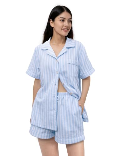 Image of Womens Muslin Pajama Sets 100% Cotton Double Gauze Linen Like Short Pjs | Breathable Soft Comfort Button Up Loungewear Sleepwear PJ Set