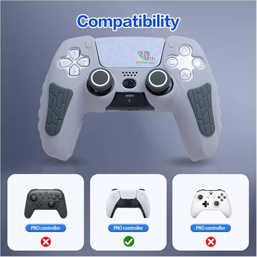 Image of Meyaar for PS5 Controller Cover Case, Anti-Slip Silicone Cover Skin Compatible with PS5 Dual Sense Controller with Thumb Grip Caps, Controller Sticker (Light Grey Anniversary)