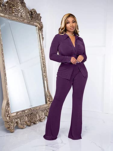 Womens Velour Tracksuit Lapel V Neck Button Down Ruched Tops Flare Long Pants Bodycon Velvet Two Piece Outfits Purple Xxl #TOP1