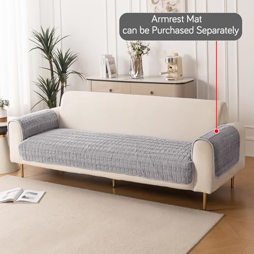 Image of HOKIPO 'Plush Haven' Premium Anti-Slip Sofa Cover Mat for 3 Seater Sofa | Soft Fluffy Plush Fabric, Light Grey (AR-5035-LGRY*1)