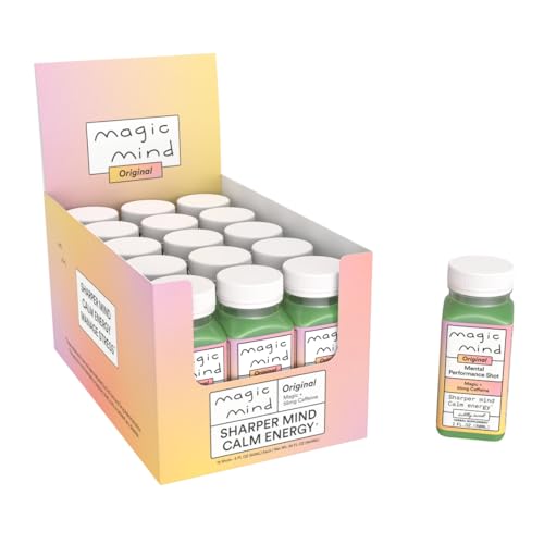 Magic Mind Energy And Focus Drink Shots – Stress Relieving, No Jitters, Ashwagandha, Vitamin B12, Vitamin C, Matcha Green Tea, Functional Mushrooms – 2 FL Oz (15 Pack)