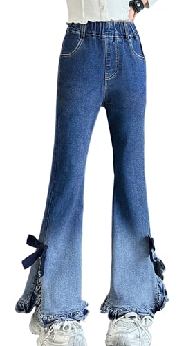 SEAUR Girls Flare Jeans 5-13 Years Old Cute Bow Bell Bottom Pants Elastic Waist Girl Skinny Washed Denim Bottoms with Pockets