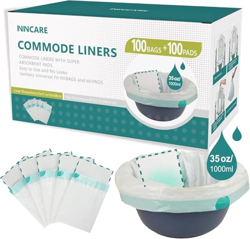 ININCARE Commode Liners with Absorbent Pads?Value Pack 100 Count Universal Fit?Disposable Bedside Commode Liners and Pads for Adult Portable Toilet (100Bags + 100Pads)