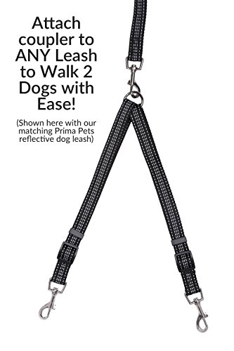 Prima Pets Reflective Adjustable Double Dog Coupler - Each Side Adjusts 11" To 20" In Length - Walk 2 Dogs With Ease (Medium - 3/4" Width, Black) #TOP2
