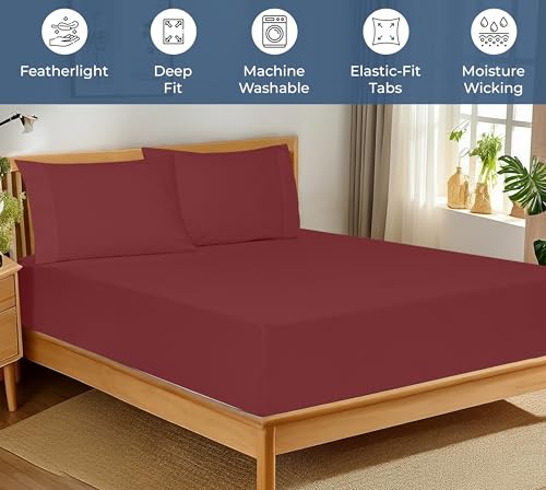 Image of Royale Linens 100% Organic Cotton Fitted Sheet - Percale Weave - Super Soft Deep Pocket Bottom Sheets - Elastic Sheet King Size - King Fitted Sheets Only - (78 inchx80 inch+15 inch, Red)