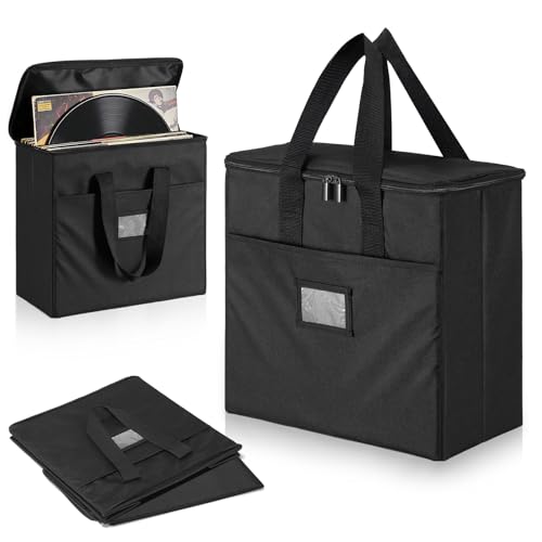 Facmogu Vinyl Record Storage Box (1 Pack), 600D Oxford Fabric Record Case for 7/10/12" LP, Collapsible Album Storage Case Holds up 35+ LP Album, Portable Crate with Lid & Handle for Home, Studio, Gig
