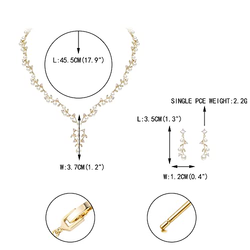 Image of White Faux Pearl Leaf Vine Bridal Cubic Zirconia Jewelry Set for Women | Wedding Party Necklace Earrings for Bridesmaid Bride