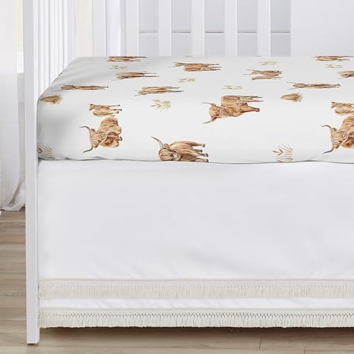 Image of Sweet Jojo Designs 4-Piece Baby Crib Bedding Set (Boho Highland Cow) for Girls /Boys, Infants /Nursery incl. Blanket, Fitted Sheet, Skirt, Diaper Stacker (Taupe Plaid & Farm Animal Watercolor Farmhouse)