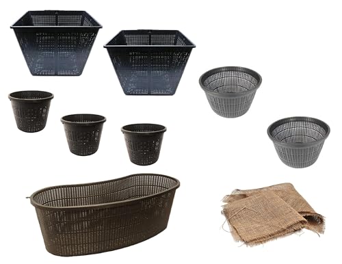 Medium Sized Plastic Pond Planting Baskets Combo Pack, Includes Total 8 Baskets Including Free Hessian Squares x 3, Slotted Pots for Aquaponics and Hydroponics Flower Planters