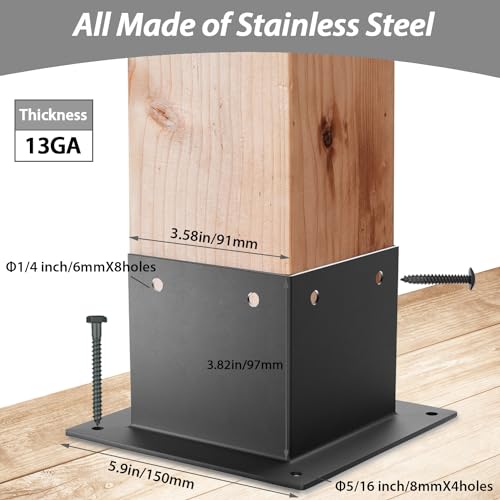 Image of 8 pcs 4x4 Stainless Steel Deck Post Base | Internal 3.5 inchX3.5 inch| 13GA Thick Matte Black Powder Coating Post Anchor, 4x4 Post Bracket for Wood Posts, Fence, Deck Railing, Handrail Railing Support