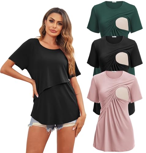 Image of Ekouaer Women's Maternity Shirts Short Sleeves Nursing Tops 3 Pack Double Laye Breastfeeding Tees Pregnancy Clothes S-XXL