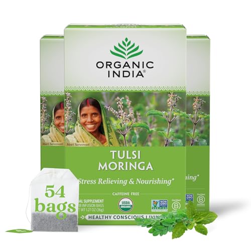 ORGANIC INDIA Tulsi Moringa Tea Bags- Holy Basil, Lemongrass, Moringa Leaves, Calming Immune Support Tea, USDA Organic, Caffeine Free- 18 Bags, 3 Pack