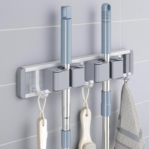 Image of STAR WORK Heavy-Duty Space Aluminum Wall Mop & Broom Holder, Waterproof Organizer with Dual Non-Slip Grips and Utility Hooks, No-Drill Adhesive Mount for Kitchen, Bathroom. (2 MOP HOLDER 3 HOOKS)