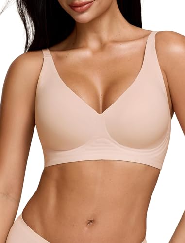 CALWINK Womens Wireless Jelly Bra Comfortable Supportive No Underwire T-Shirt Push-Up Bralette Deep V Seamless Bra Nude